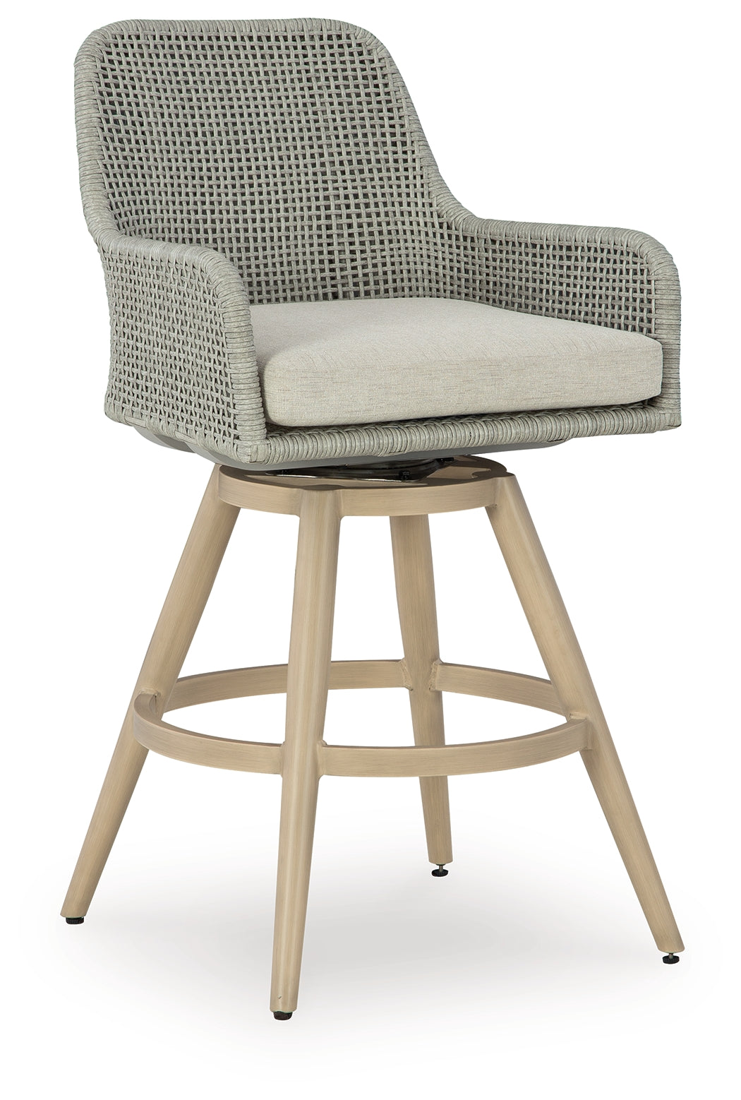 Seton Creek outdoor swivel barstool front view showing cushion and wicker