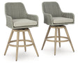 Seton Creek outdoor swivel barstool in beige and gray, angled view