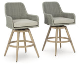 Seton Creek outdoor swivel barstool in beige and gray, angled view