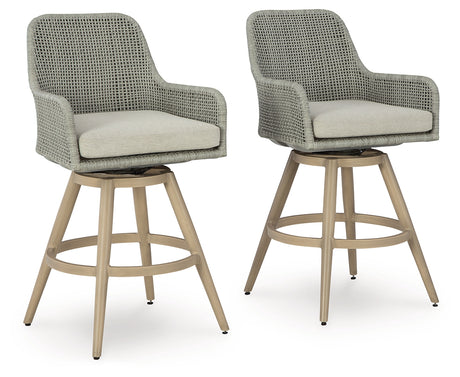 Seton Creek outdoor swivel barstool in beige and gray, angled view