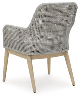 Seton Creek Gray Outdoor Dining Arm Chair detail of wood-look legs
