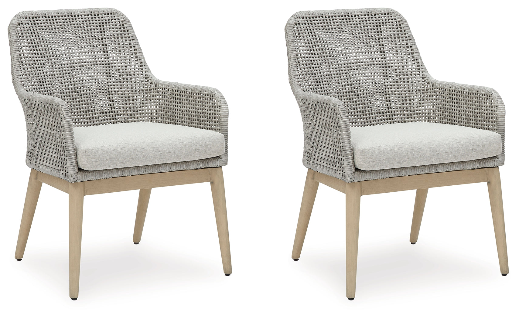 Seton Creek Gray Outdoor Dining Arm Chair closeup of resin wicker