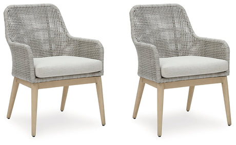 Seton Creek Gray Outdoor Dining Arm Chair closeup of resin wicker