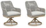 Front view of 2 chairs with end table