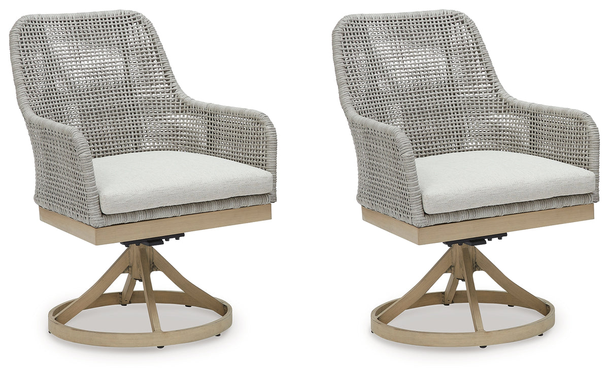 Front view of 2 chairs with end table