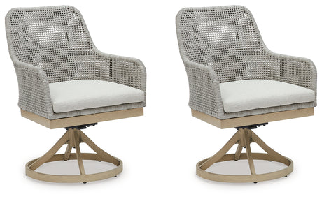 Front view of 2 chairs with end table