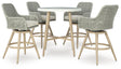 Seton Beige Creek outdoor bar table with 4 beige resin wicker barstools from front angle