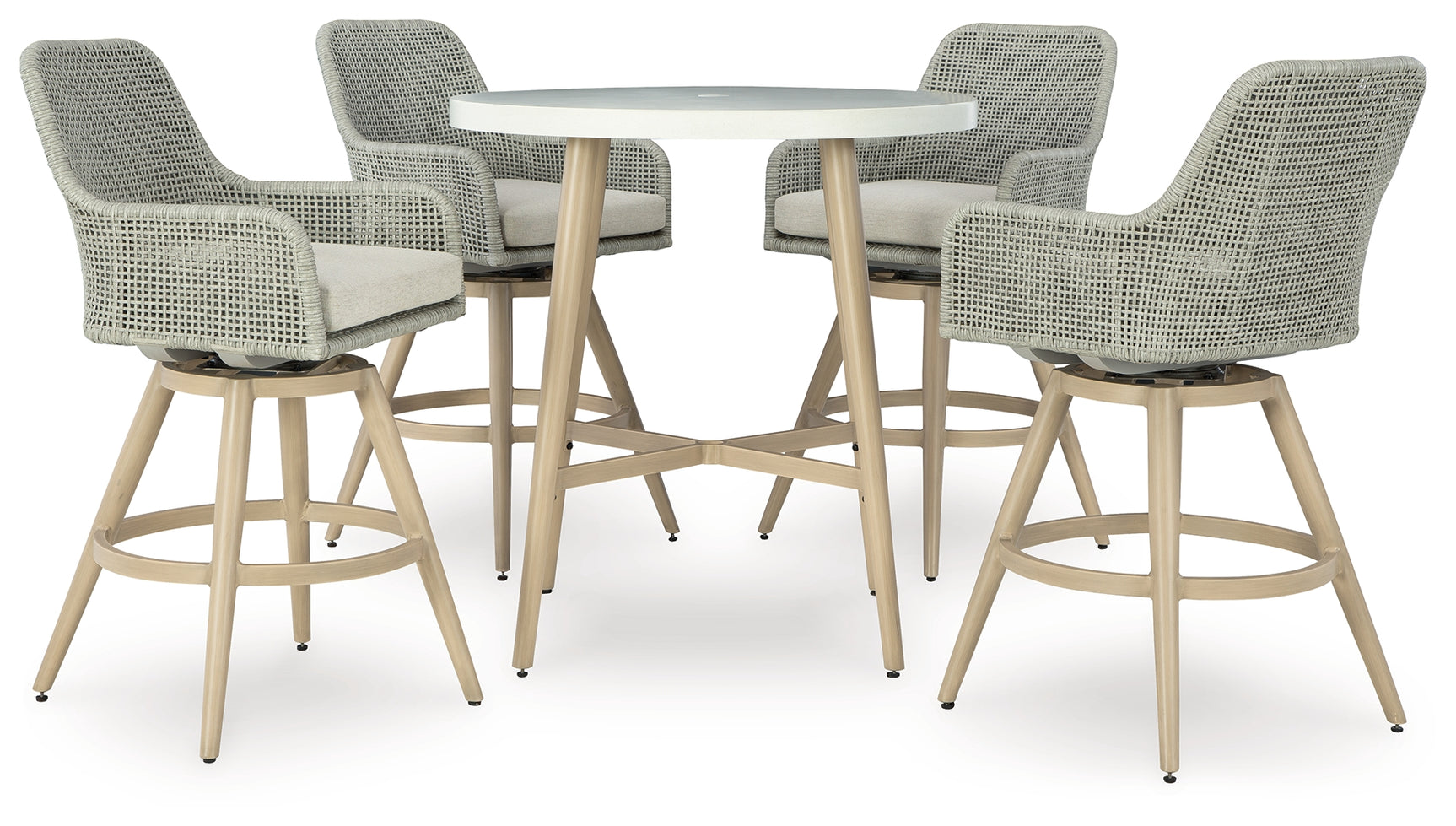 Seton Beige Creek outdoor bar table with 4 beige resin wicker barstools from front angle