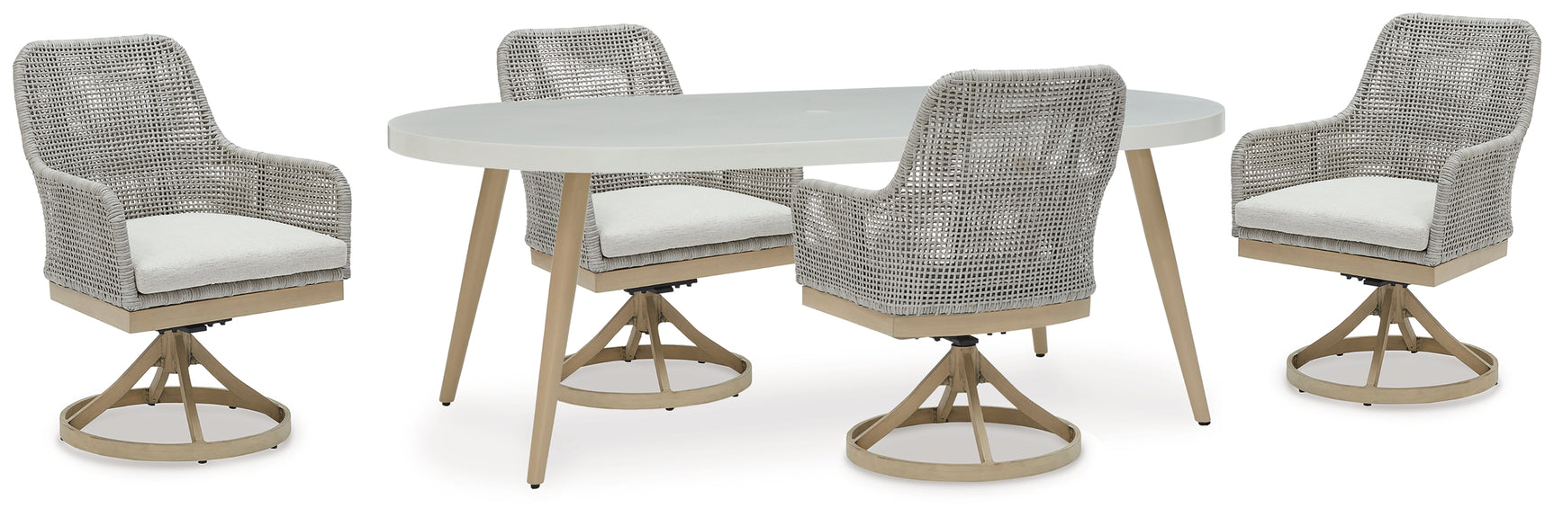 Close-up of white resin wicker chair with Nuvella+ fabric cushion