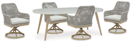 Close-up of white resin wicker chair with Nuvella+ fabric cushion