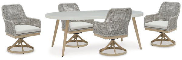 Close-up of white resin wicker chair with Nuvella+ fabric cushion