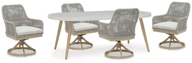 Close-up of white resin wicker chair with Nuvella+ fabric cushion