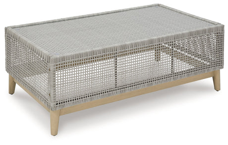 Seton Creek Gray Outdoor Coffee Table head-on view highlighting rectangular shape