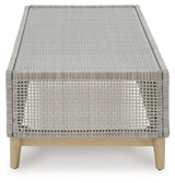 Top view of Seton Creek Gray Outdoor Coffee Table showing tempered glass tabletop