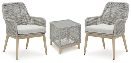 Detail of gray resin wicker chair with cushion