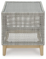 Seton Creek outdoor end table, top view of tempered glass surface
