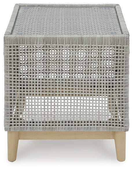Seton Creek outdoor end table, top view of tempered glass surface