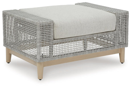 Seton Creek Gray Outdoor Ottoman with Cushion Head-On View