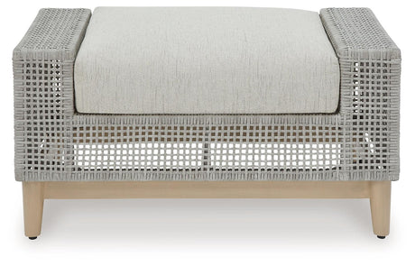 Seton Creek Gray Outdoor Ottoman with Cushion side angle