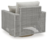 Seton Creek gray outdoor swivel lounge chair with wood-look base
