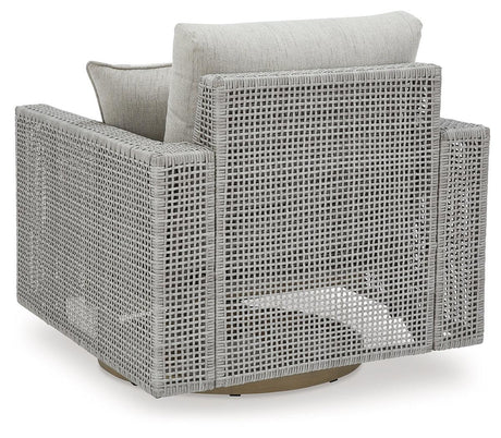 Seton Creek gray outdoor swivel lounge chair with wood-look base