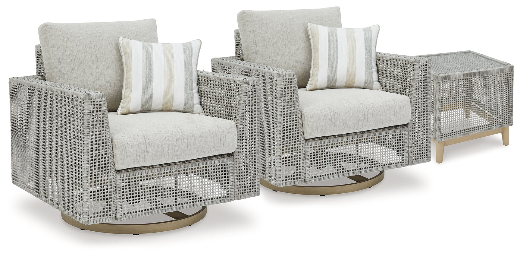 Close-up of gray resin wicker weave on lounge chair