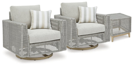 Close-up of gray resin wicker weave on lounge chair