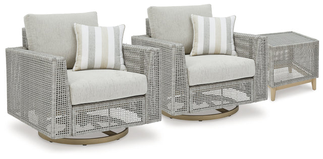 Close-up of gray resin wicker weave on lounge chair