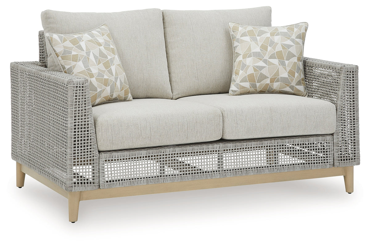 Seton Gray Creek outdoor sofa and loveseat with coffee table in gray resin wicker