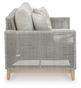 Seton Creek gray outdoor loveseat with cushion side angle