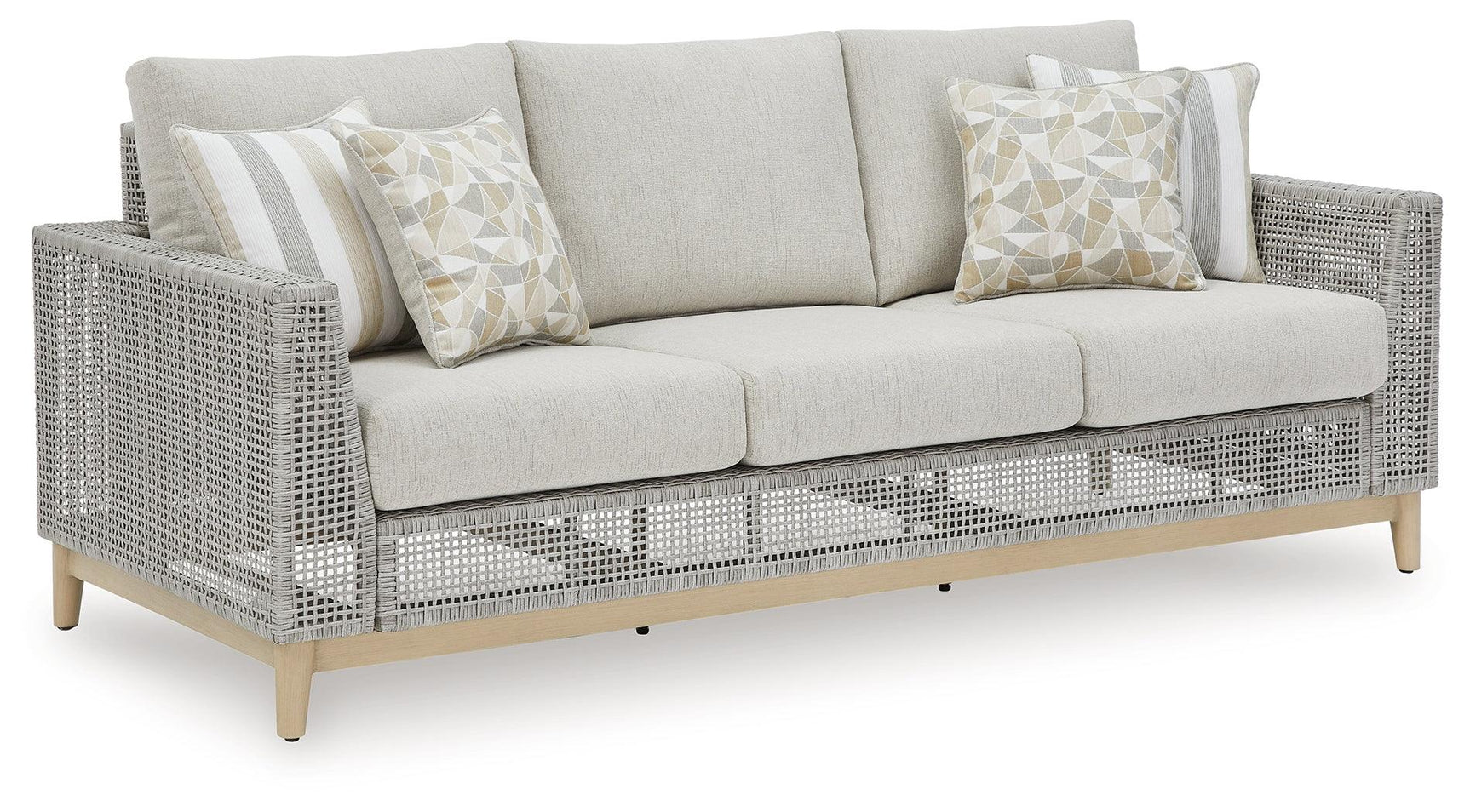 Seton Creek gray outdoor sofa close-up front view