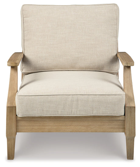 Clare beige outdoor sofa with lounge chair from eucalyptus wood frame