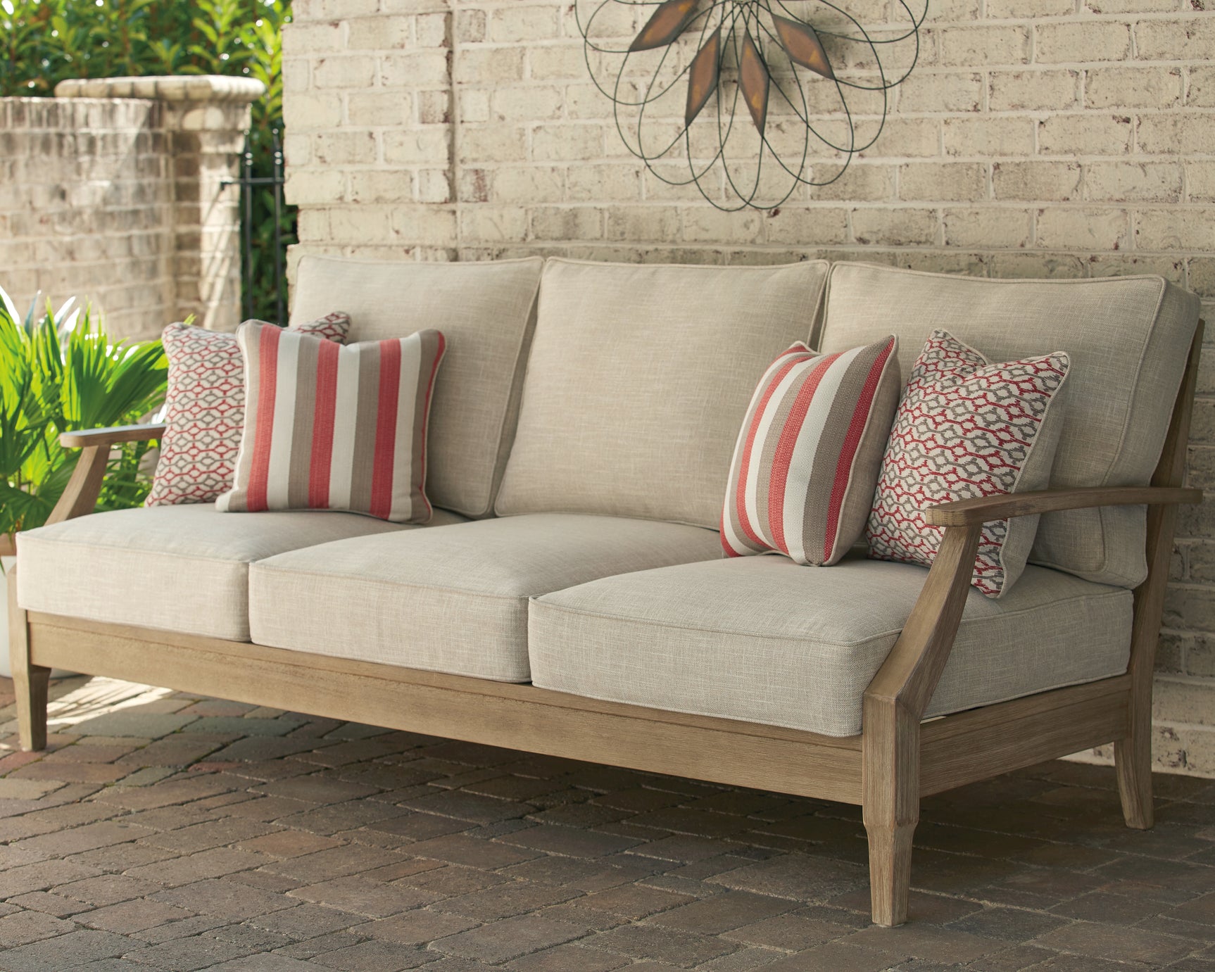 Clare beige outdoor sofa with lounge chair from eucalyptus wood frame