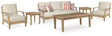 Outdoor sofa close-up showing eucalyptus wood frame