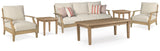 Outdoor sofa close-up showing eucalyptus wood frame