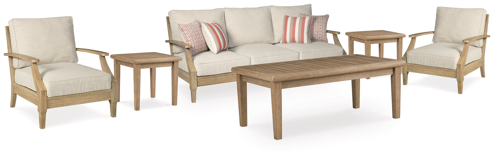 Outdoor sofa close-up showing eucalyptus wood frame