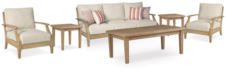 Outdoor sofa close-up showing eucalyptus wood frame