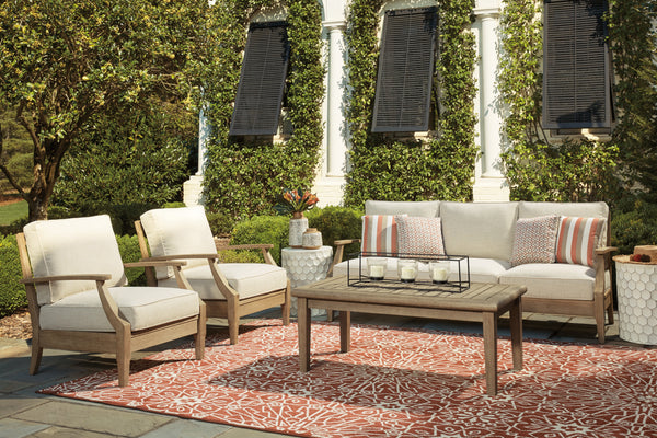 Clare Beige Outdoor Sofa side angle showing tapered legs