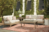 Outdoor Sofa close-up of beige cushions and eucalyptus wood frame