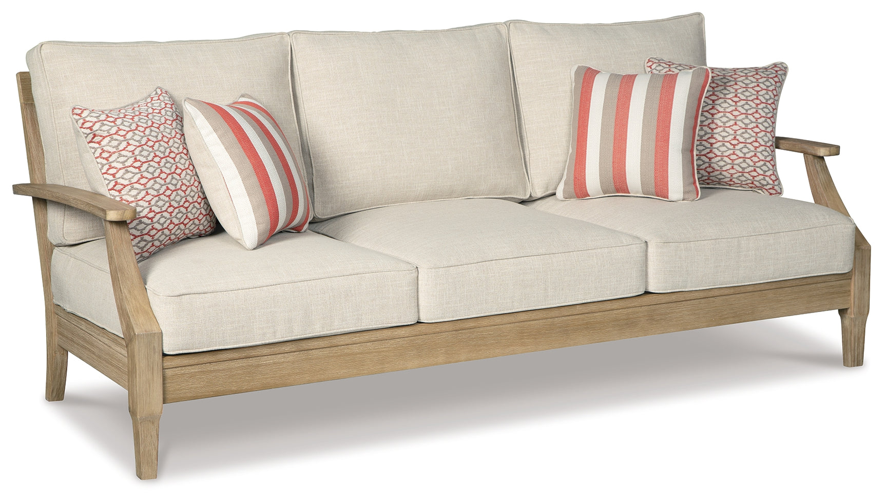 Close-up of eucalyptus wood frame and slat design