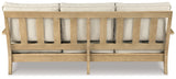 Back of outdoor sofa showing eucalyptus wood frame