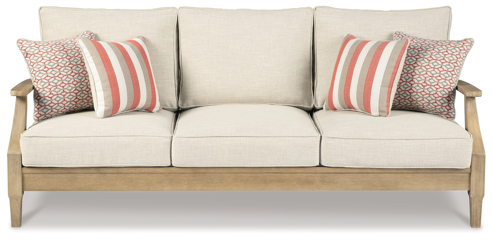 Close-up of beige Nuvella® fabric outdoor cushions on eucalyptus wood frame