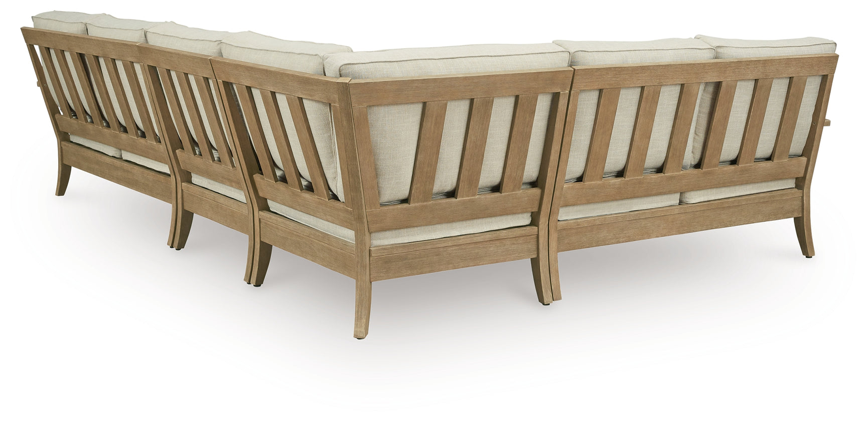 Back view of Clare View outdoor sectional showing eucalyptus wood frame