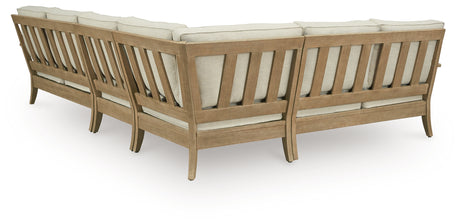 Back view of Clare View outdoor sectional showing eucalyptus wood frame