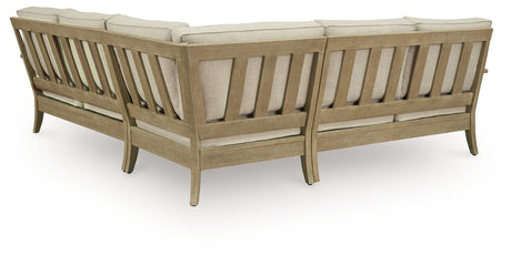 Rear view of Clare View 3-piece outdoor sectional highlighting slat-style wood finish