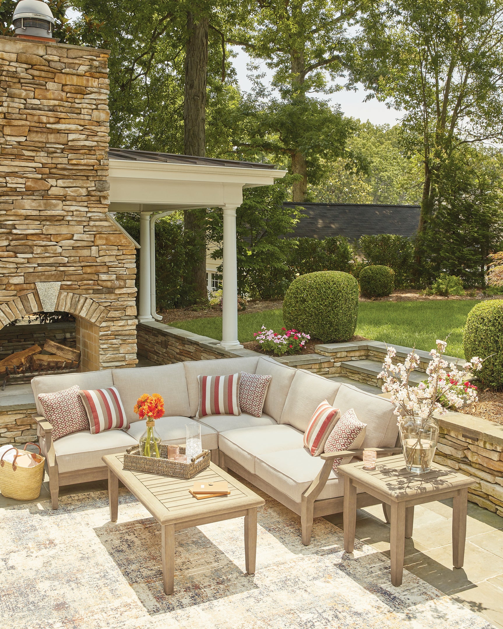 Close-up of cushions and throw pillows on Clare View outdoor sectional
