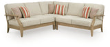 Side view of Clare View beige outdoor sectional displaying eucalyptus wood frame