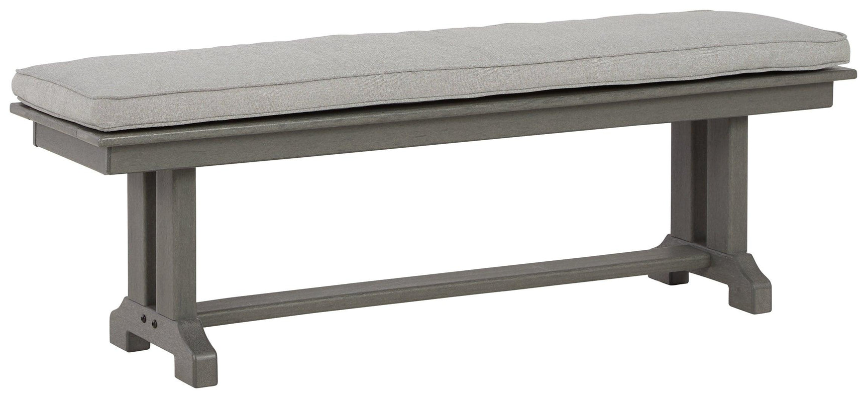 Front view of Visola gray outdoor dining bench with cushion