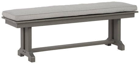 Front view of Visola gray outdoor dining bench with cushion