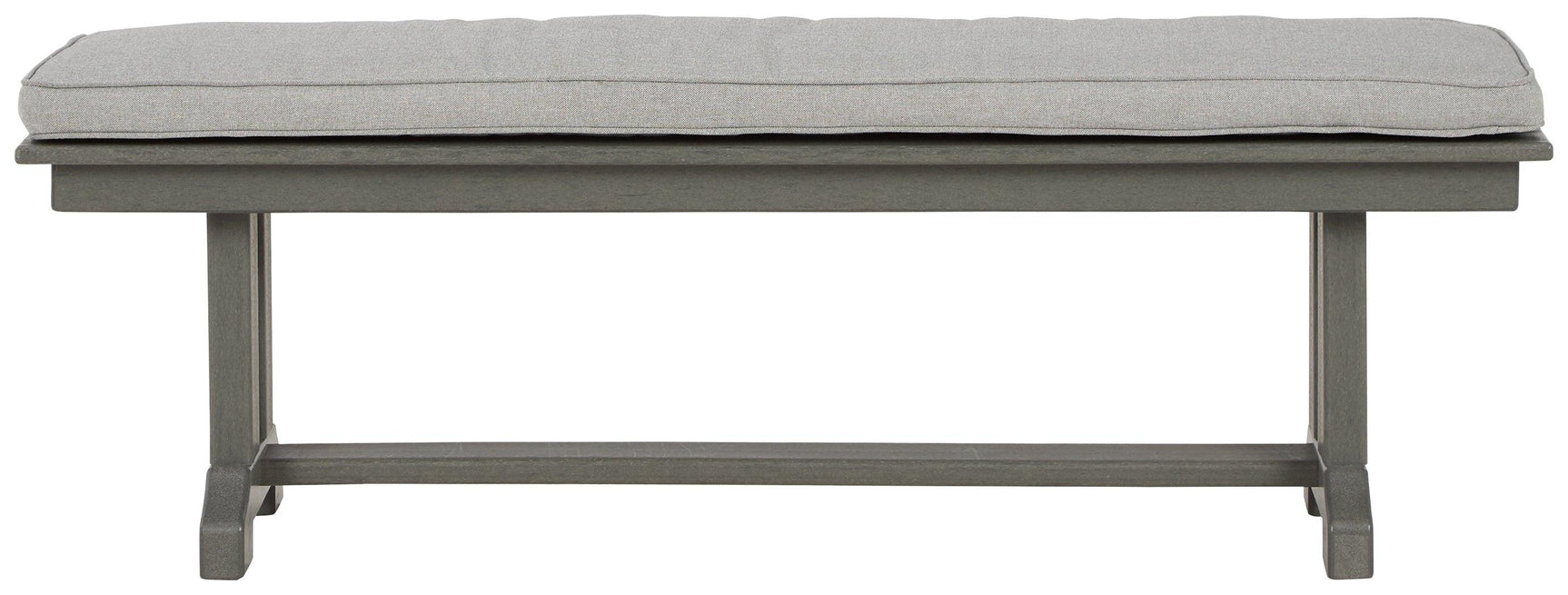 Side view of Visola gray outdoor dining bench with cushion